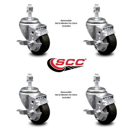 Service Caster 3 Inch Black Polyurethane Swivel 12mm Threaded Stem Caster Set with Brake SCC-TS20S314-PPUB-BLK-TLB-M1215-4